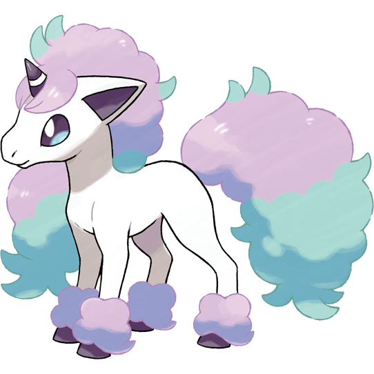 Official art of Galarian Ponyta, a small white horse with a single horn and puffy, turquoise and lilac mane and tail