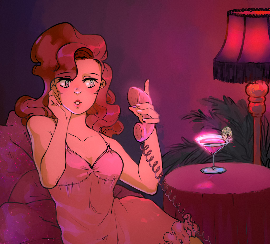 Drawing of a girl in a babydoll dress, holding an old phone, a pink cocktail next to her on a table