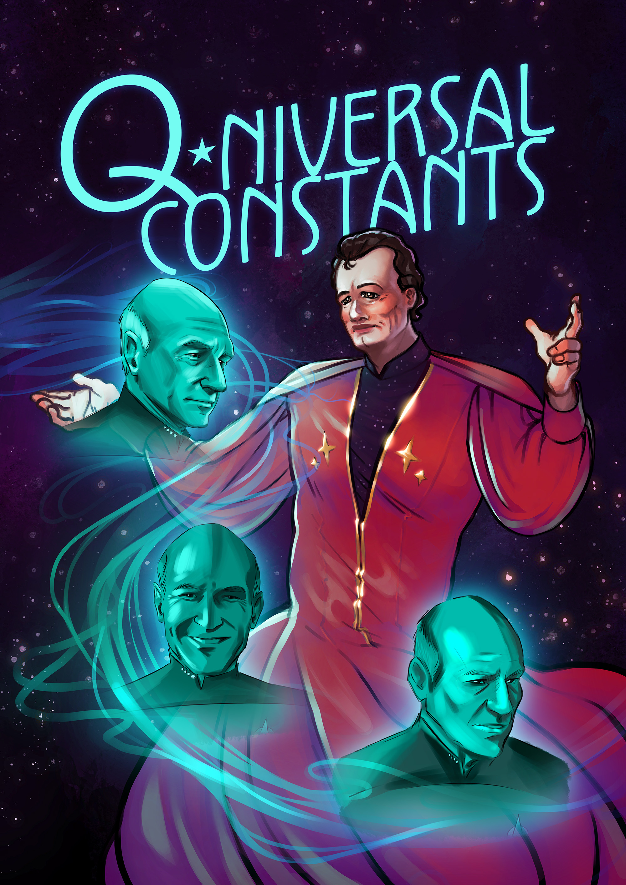 Front cover of the Qniversal Constants Zine, featuring Q in a red outfit in space, surrounded by three ethereal, ghost like images of Picard