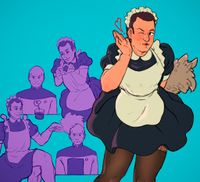Q is posing in a maid outfit. Next to him are two sketches; in the first one, Q is doing a heart shape with his hands and a heart-shaped string of steam is rising from annoyed Picard's teacup. In the second one, Q is sitting on Picard's table, looking bored, poking him with a duster.