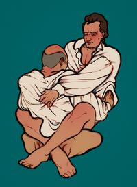 
        Q is sitting in Picard's lap, legs around his back. Both are only wearing white, loose shirts.
      