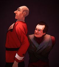 
        Picard is wearing movie-era uniform and looking behind him as Q, in the bartender outfit from Tapestry, leans forward and checks his back.
      