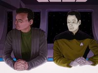Q sitting in Ten Forward counter with Data