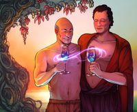 
        Picard (wearing swim trunks) and Q (wearing a thin, open silk robe) holding two tall wine glasses with some sort of glowing, starry blue drink, backs against a sunset next to a weird tree
      