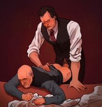 
        Q is wearing the three-piece suit from Tapestry and has bent Picard, in a teal uniform, holding Q's white doctor's coat, over a desk and fucks him in the ass.
      