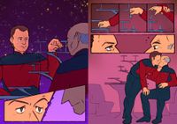 Comic. First panel: Q looks at Picard over a 3d chess board while moving a piece. Second panel: extreme closeup of Q's serious eyes. Third panel: extreme closeup of Picard's mouth and chin, eyes not visible. Panels 4-6: Picard grabs a piece and is about to move it when Q grabs his arm and Picard drops the piece. Seventh panel: extreme closeup of both looking at each other in the eye. Eight panel: Q sitting on the table, leaning over and kissing Picard, who's still seated.