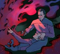 
        Q is pulling a cloud of strange red, almost cloud-like substance over Picard who is in his lap
      