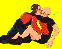 Another follow-up; Flushed Q, kneeled over Picard, leans into a kiss and runs his hand up Picard's bare thigh