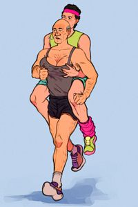
        Big-breasted Picard is running in a gray tank top and black running shorts while Q, wearing neon-colored exercise gear complete with a headband and legwarmers, is piggybacking, holding up Picard's breasts.
      