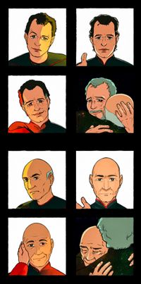 
      A series of portraits, four of Q, four of Picard. As the series progress, they both become older, start smiling, and finally embrace, whereas the lighting changes from morning to night.
      