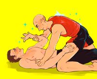 Another follow-up; Q has changed Picard's clothes again, this time into boxer shorts and a tank top. Picard has pinned Q underneath him and is looking mildly annoyed.