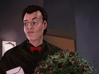 Q holding a bouquet.