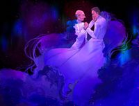 Picard and Q in long, white jackets holding hands in space