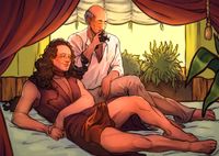 
        Q and Picard in loose, casual clothing, relaxing on bed. Q has long hair, which Picard (in his longer hairstyle from The Inner Light) is holding in his hand and kissing.
      