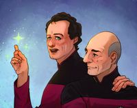 
        Closeup of Q and Picard. Q is excited and about to snap his fingers, the other hand wrapped around Picard's shoulder; Picard is smiling at him.
      