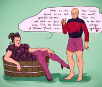 
      Q is wearing a novelty grape costume, sitting in a wooden vat for grape treading next to surprised, barefoot Picard, and saying: "Step on me, Jean-Luc, tread on me like the most splendid harvest. Pour me and drink me down to the last drop like the finest vintage of Château Picard, mon capitaine~" 
      