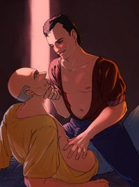 
      Picard and Q gazing each other lovingly on a bed in loose, open shirts exposing their chests. Q is sitting on top of Picard and touches his torso with one hand, while the other is placed under Picard's chin. A streak of light coming in from another room illuminates their faces in an otherwise dimly lit room.
      