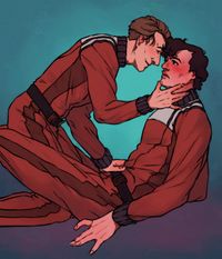 
        Cadet Q leans back on his elbows while cadet Picard is on top of him
      