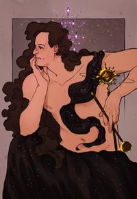 
        Q with very long hair, is sitting and holding two ornate sticks with golden sun and moon decorations. He is bare-chested, bottom half of his body covered with a dark fabric resembling a starry night sky, and he has a headpiece with stars attached to the back of his hair.
      