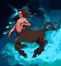 
        Q as a centaur, galloping in space, shirtless and long-haired.
      