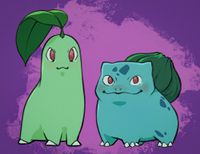 Chikorita, a cute light green pokemon with a leaf in its head, and Bulbasaur, a cute teal thing with a bulb in its back, next to each other
