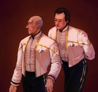 
        Picard is looking to the side while Q is leaning over him behind his shoulder, smiling. Both are wearing the white dress uniform from Nemesis.
      