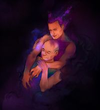Q and Picard embracing in space