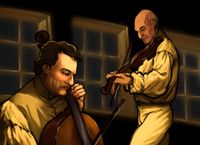 
        Q and Picard wearing the navy uniforms from Generations drawn in a scene from Master and Commander playing cello and violin
      