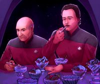 
        Picard and Q sitting in Ten Forward with ten sundaes, some finished, some untouched, in front of them. Q has a spoon in his mouth and a blissful expression on his face and is pushing another serving Picard's way, while Picard looks less than enthusiastic to eat another sundae.
      
