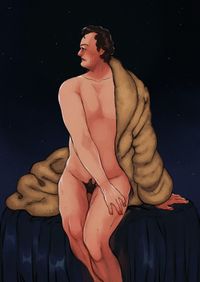 
        Q sitting in space, wearing nothing but a fur coat on one side.
      