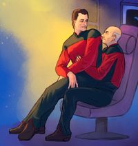 
        Q is sitting on Picard's lap in captain's quarters as warm, bright light pours in.
      