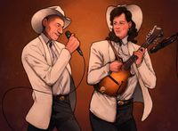 
        Picard and Q on stage, Picard singing, Q on the mandolin. They both wear white straw cowboy hats, white jackets, white shirts and black pants. Q has long hair and one visible golden earring.
      