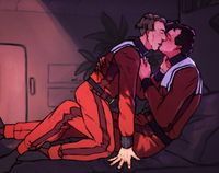 
        Cadet Picard and Cadet Q in a dim dorm room, on bed, kissing.
      