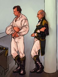 
        Q and Picard are inside a ship wearing the navy uniforms from Generations. Q, back to Picard, is taking off his clothes; Picard leans against a mast fully clothed, arms crossed, a flogger in one hand.
      