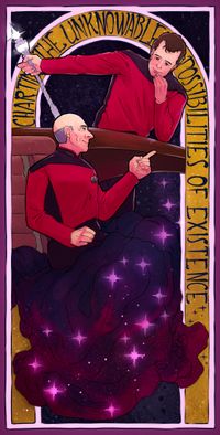 
        Picard and Q in a Mucha-inspired art nouveau style on the Enterprise D bridge
      