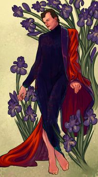 
        Q in a variation of judge outfit in a Mucha-inspired art nouveau style, surrounded by iris flowers.
      