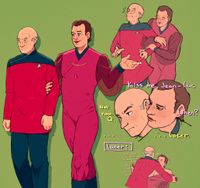 Picard in his dress uniform with Q, wearing some sort of formal civilian outfit, holding his arm and smiling while Picard is embarrassed. Next to the main illustration are three smaller illustrations. In the first one, Picard jumps as Q holds tighter. In the second one, Q reaches over Picard's shoulder similar to the shuttle scene from TNG; dialog: "Kiss me, Jean-Luc." "Not now, Q." "When?" "......later." The final picture, titled "later", shows Picard lecturing Q while taking off his clothes and Q not listening to him.