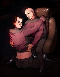 
        Picard sitting in the captain's chair, Q on the floor in front of him, facing him. Their hands are on each other's bodies and Picard is lifting Q's uniform. They look surprised and look into the "camera" as they are illuminated by a camera flash-esque bright white light source in an otherwise dark room.
      