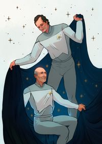 
        Picard and Q wear white-and-light-blue variation of the regular uniform. Picard is sitting in front of Q, who is leaning over Picard and holding a dark blue sheet with golden stars. Both smile.
      