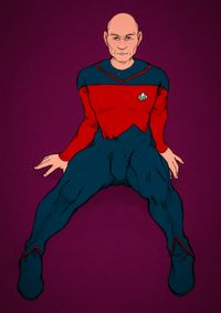 
      Picard on the ground, wearing a rather skintight variant of the S1 uniform, looking up.
      