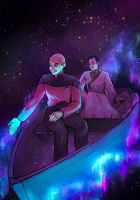 Picard and Q are sitting in a simple small boat sailing through space, ribbony lights splitting around them like in the Voyager intro