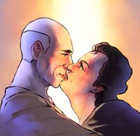 
        A closeup of Picard and Q in civilian clothing, kissing. Q is gently biting Picard's lower lip between his upper teeth and bottom lip and pulling.
      