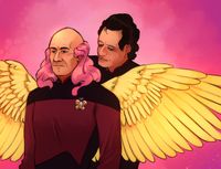 
        Q stands behind Picard, who has long, pink hair, yellow wings and a butterfly-shaped combadge
      