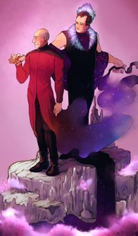 
        Q and Picard stand on a piece of marble and wear magical dresses
      