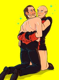 Another follow-up; Q's shirt is now wrapped around his arms behind his back, and Picard is cupping his face (and butt)