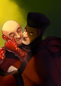 Picard and Judge Q in the final Q scene in All Good Things, a bit spiced up; Q is holding his arms around gently smiling Picard, and they're about to kiss