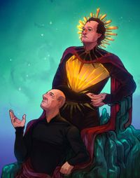
        Q stands behind Picard and wears a golden breastplate, a golden headpiece, and a red cape-like piece. Picard, sitting on some kind of glassy formation, is loosely wrapped around Q's cape/sleeves and looks up in wonder.
      