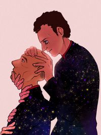 Q from Star Trek TNG stands behind Picard and touches his torso and head. Extra hands are involved