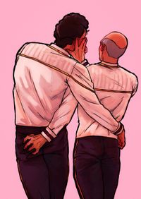 
        Q and Picard pictured from behind in white dress uniforms. Picard is pushing away Q, who is leaning towards Picard with his arm around Picard's hip, while Picard is simultaneously squeezing Q's behind.
      