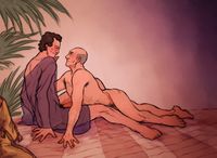 
        Q, wearing nothing but an thin, see-through robe hanging off his shoulder and a pearl necklace, is leaning back on a bed with naked Picard between his legs, looking up at him and touching his face with one hand.
      